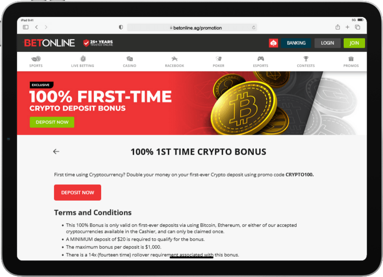 BetOnline.ag 100% 1st Time Crypto Bonus